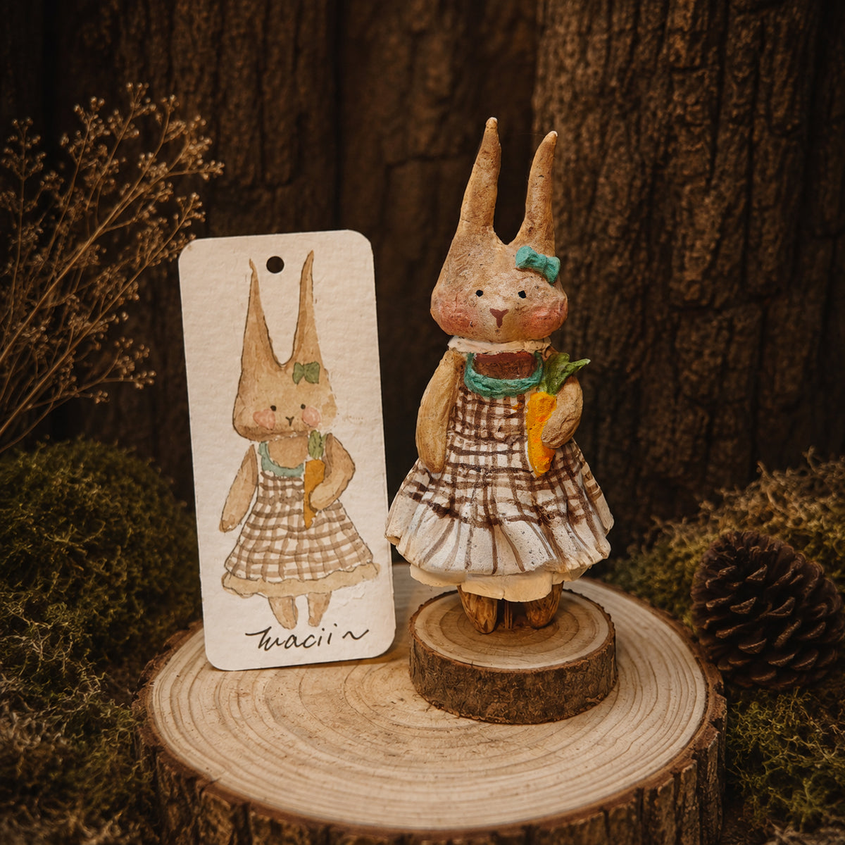 Checked-dress Willowwick rabbit doll displayed beside its watercolor character card.