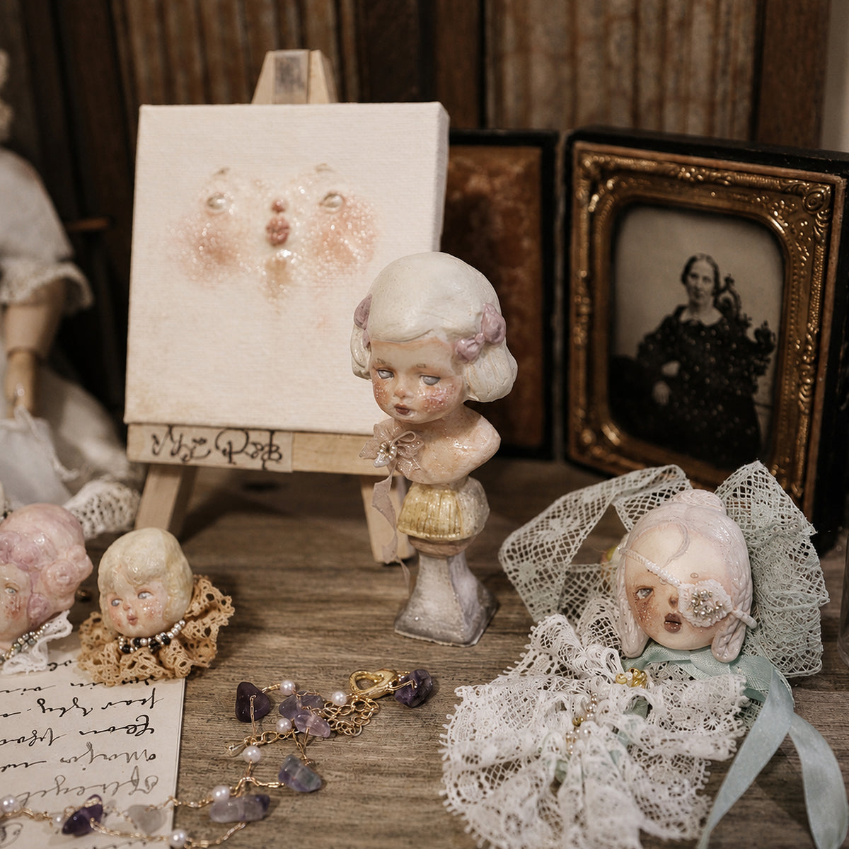 Lambwick miniature portrait bust displayed with small doll-face jewelry and framed artwork.