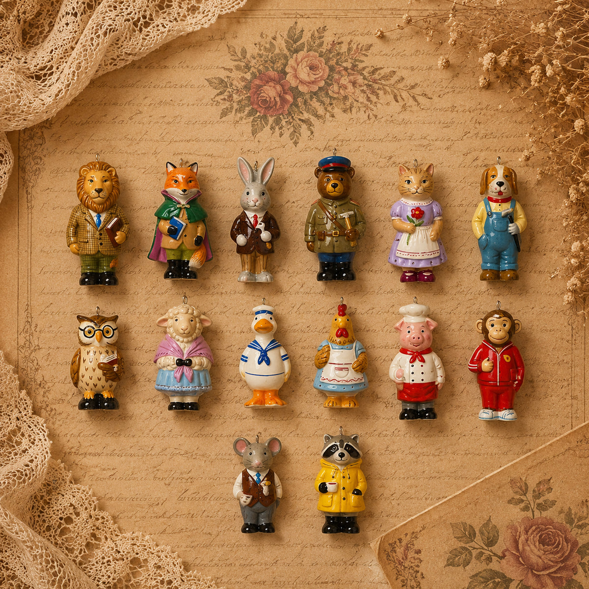Animal Forest character charms arranged in rows on a lace-bordered surface.