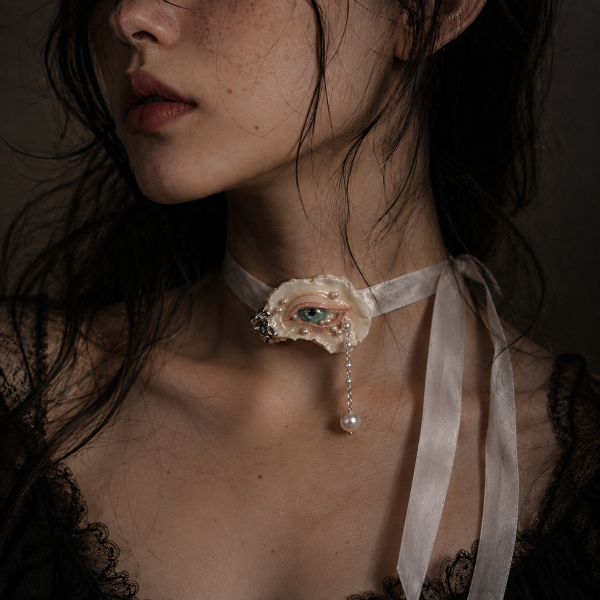Nyra Seafoam Gaze oyster eye worn as a pale-ribbon choker with a dangling pearl-like drop.