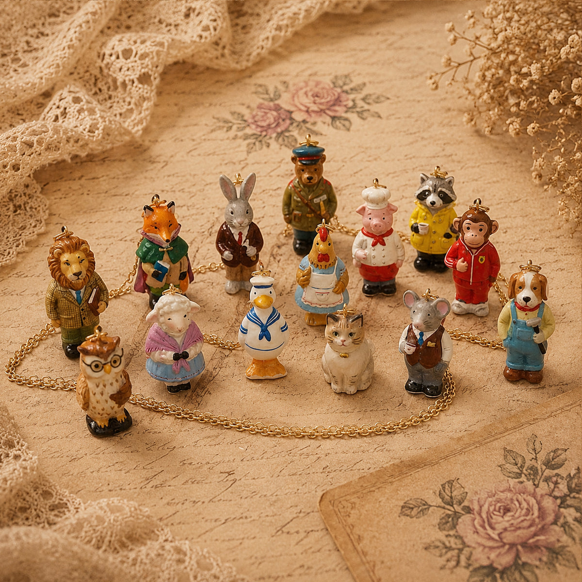 Animal Forest character charms in colorful storybook outfits arranged together on lace.
