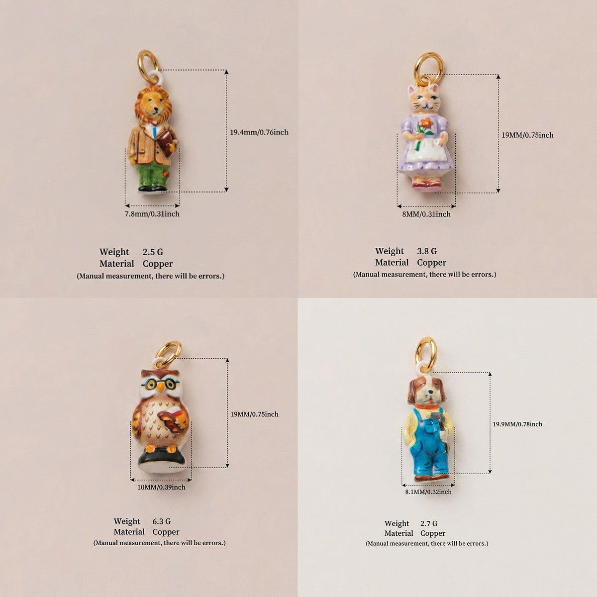 Size and weight reference for four Animal Forest character charms.