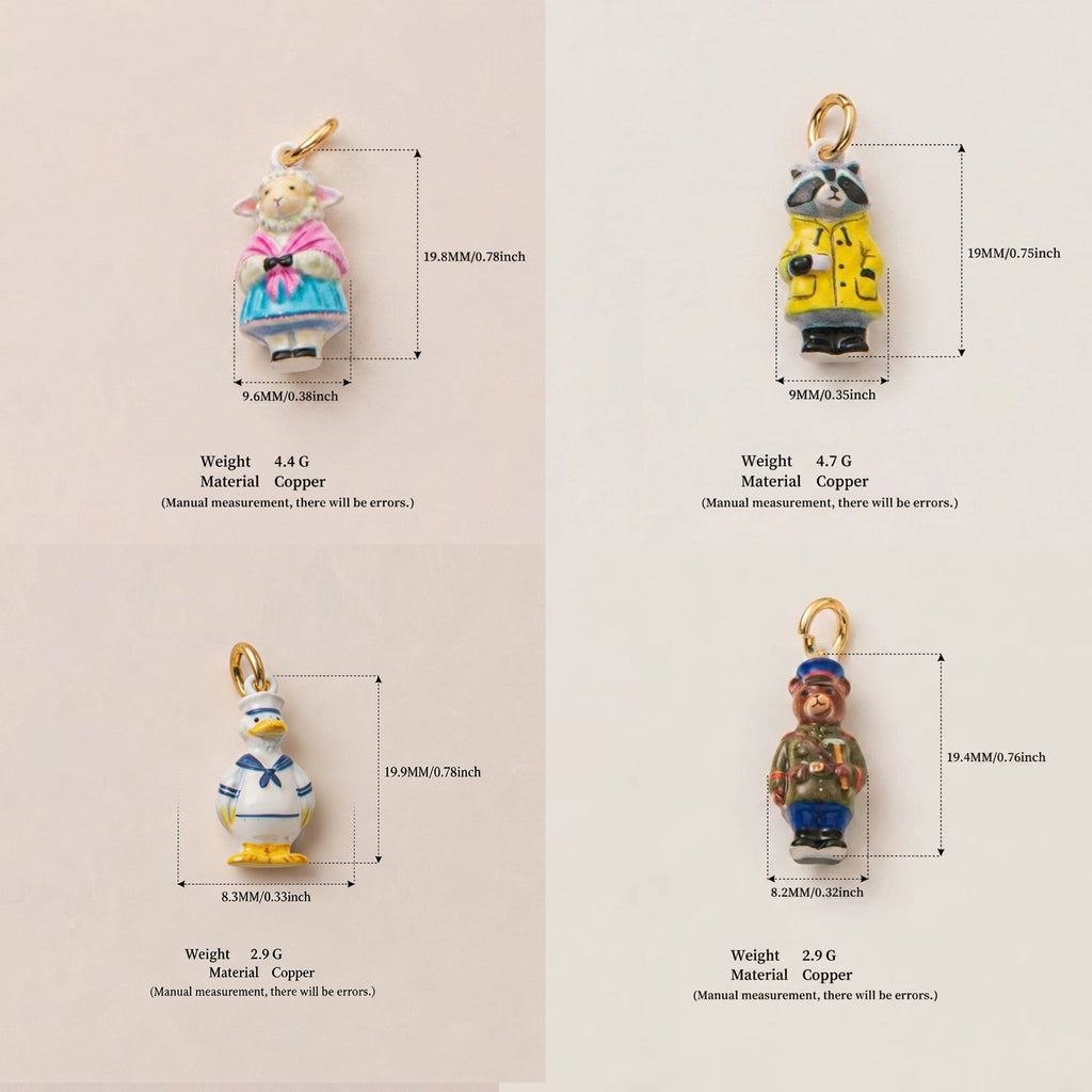 Size and weight reference showing four additional Animal Forest character charms.