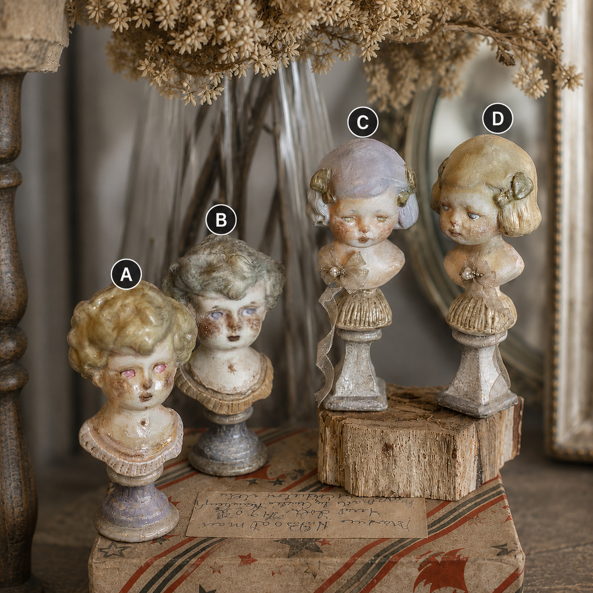 Four Lambwick miniature portrait bust styles labeled A to D on decorative pedestals.