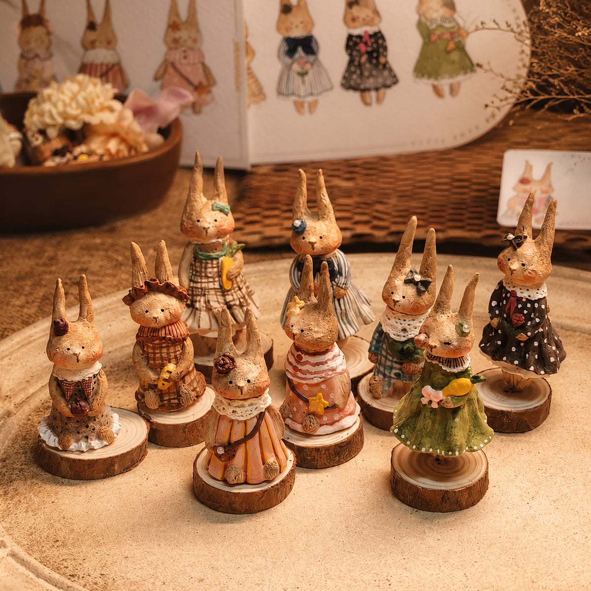 Nine Willowwick Family rabbit dolls arranged together on a display table.