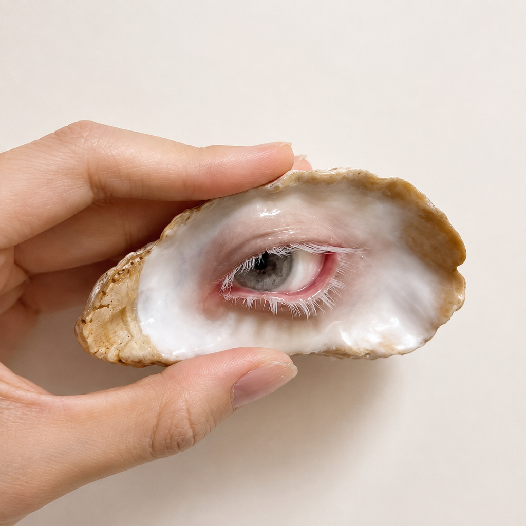 Carmilla Blood-Tear oyster eye held in a hand, with a pale iris and red vein details.