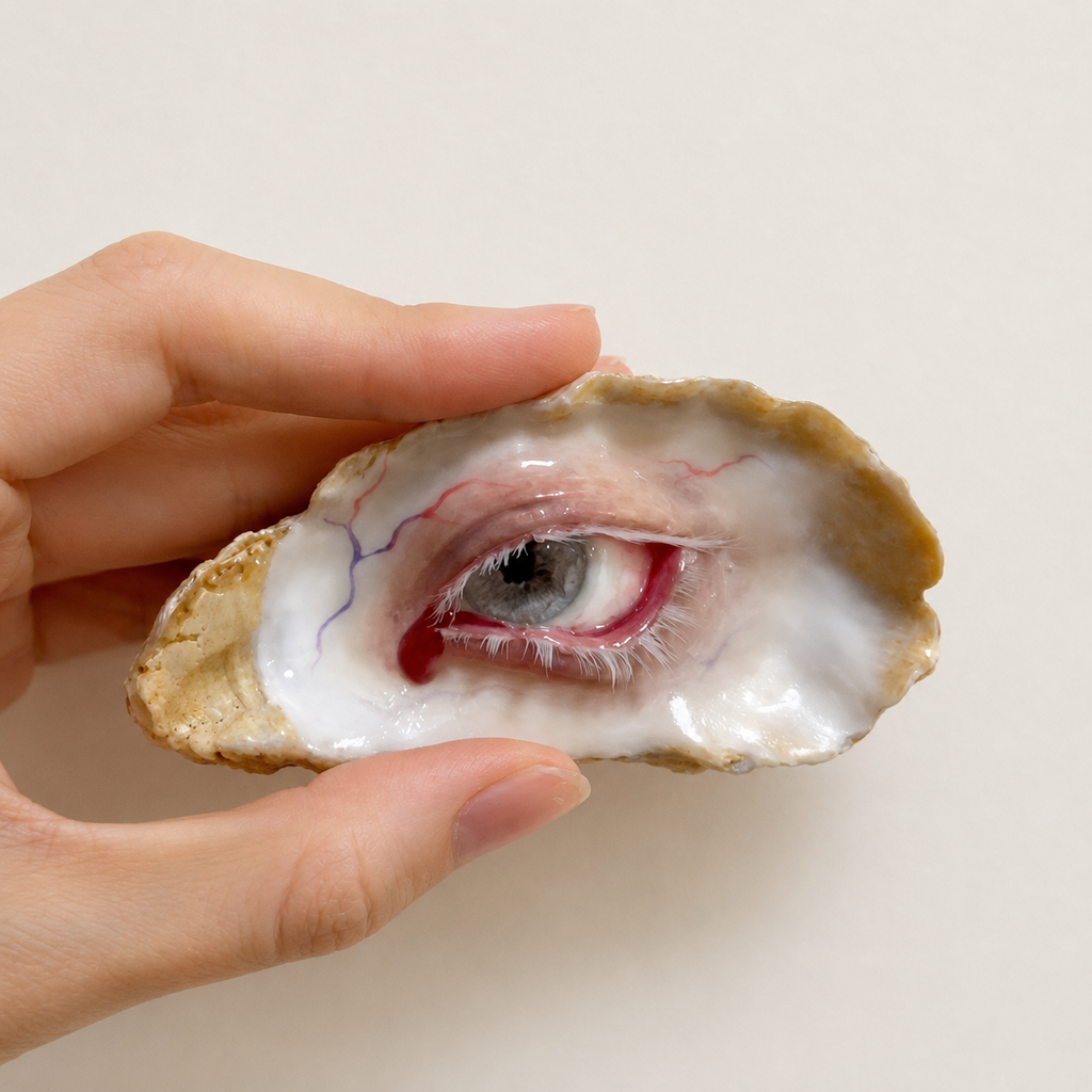 Carmilla Blood-Tear oyster eye held in a hand, showing red veins and a dark tear.