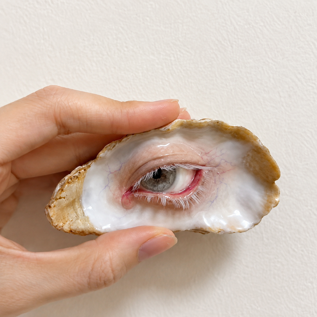 Carmilla Blood-Tear oyster eye with white lashes and a pale iris, held against a light wall.