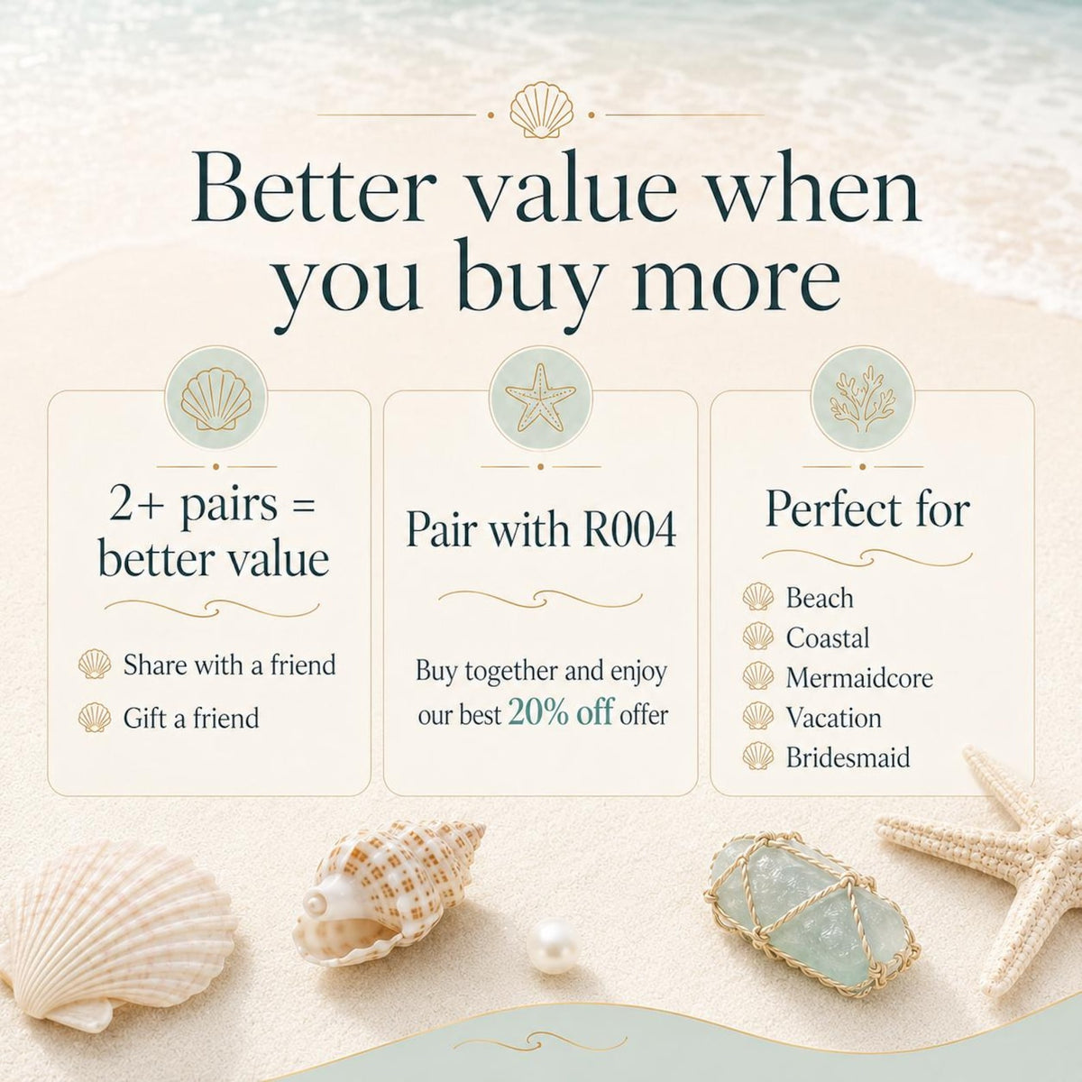 Comparison card showing natural conch-shell earrings and matching-set options.