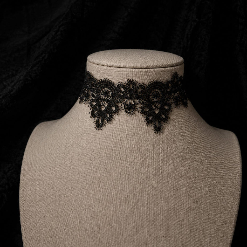 Wide black floral-lace choker displayed on a jewelry bust.