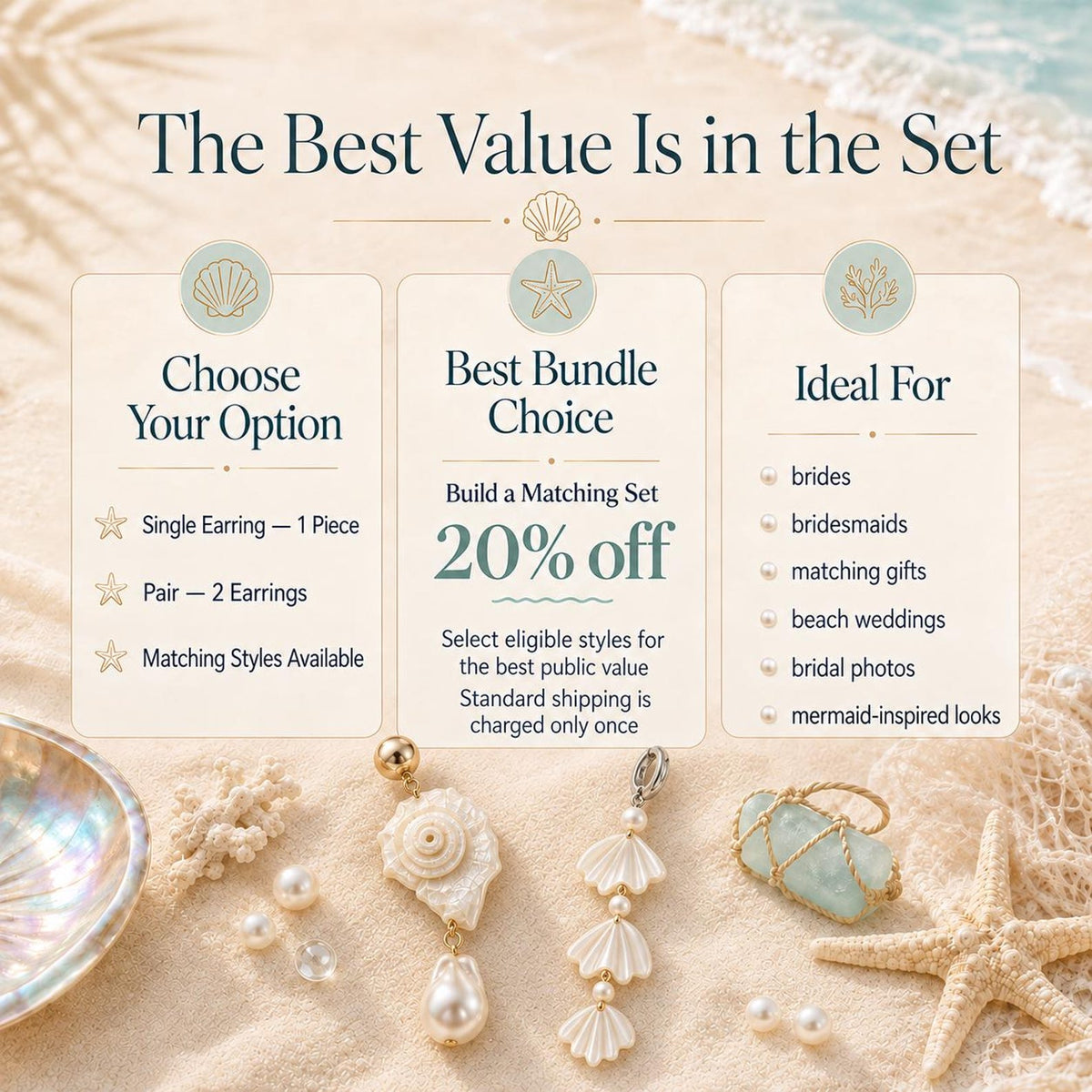 Comparison card outlining single, pair and matching-set shell-jewelry options.