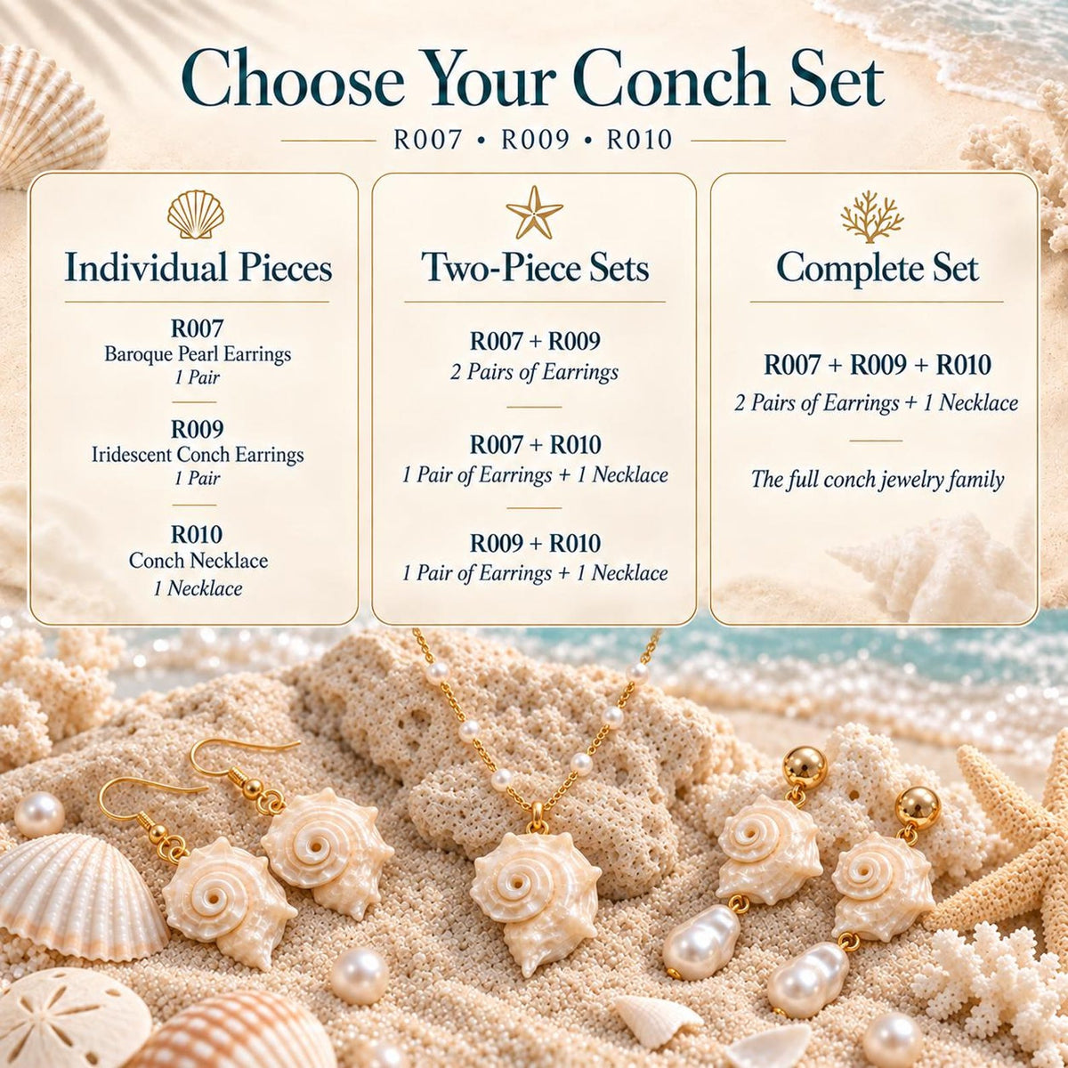 Comparison card showing single pieces, paired jewelry and complete conch-shell sets.