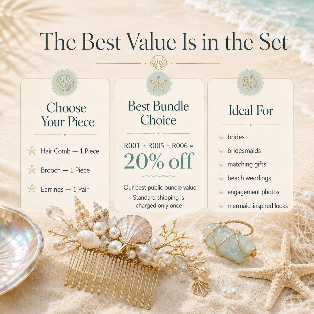 Comparison card showing hair-comb, brooch and earring options for a matching conch-shell jewelry set.