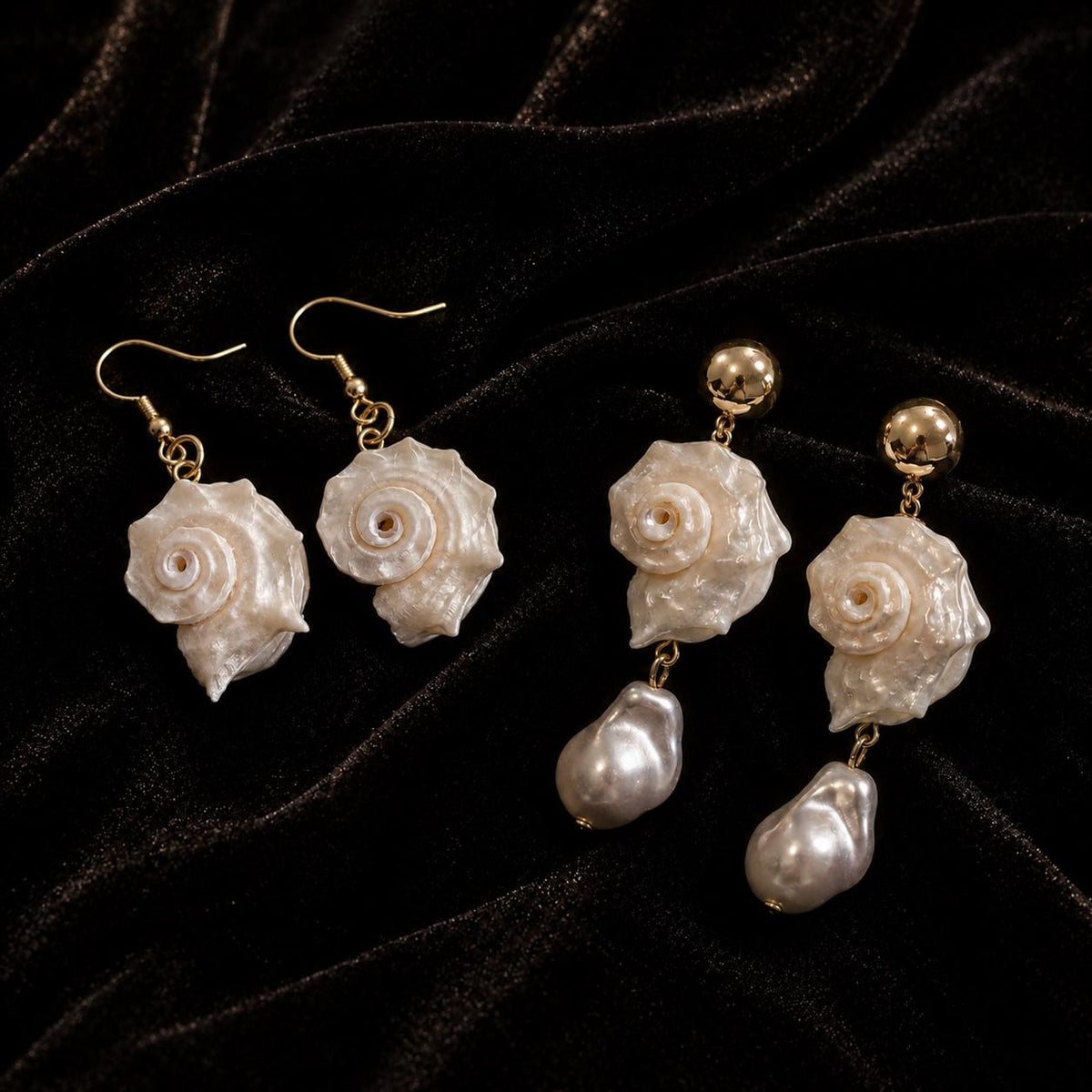 Simple conch-shell earrings and pale bead-drop earrings displayed side by side.