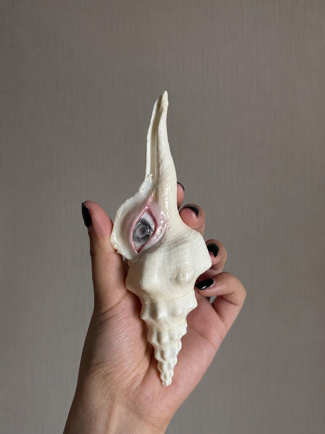 Elongated conch-eye ornament held in a hand, showing its pointed shell and sculpted eye.