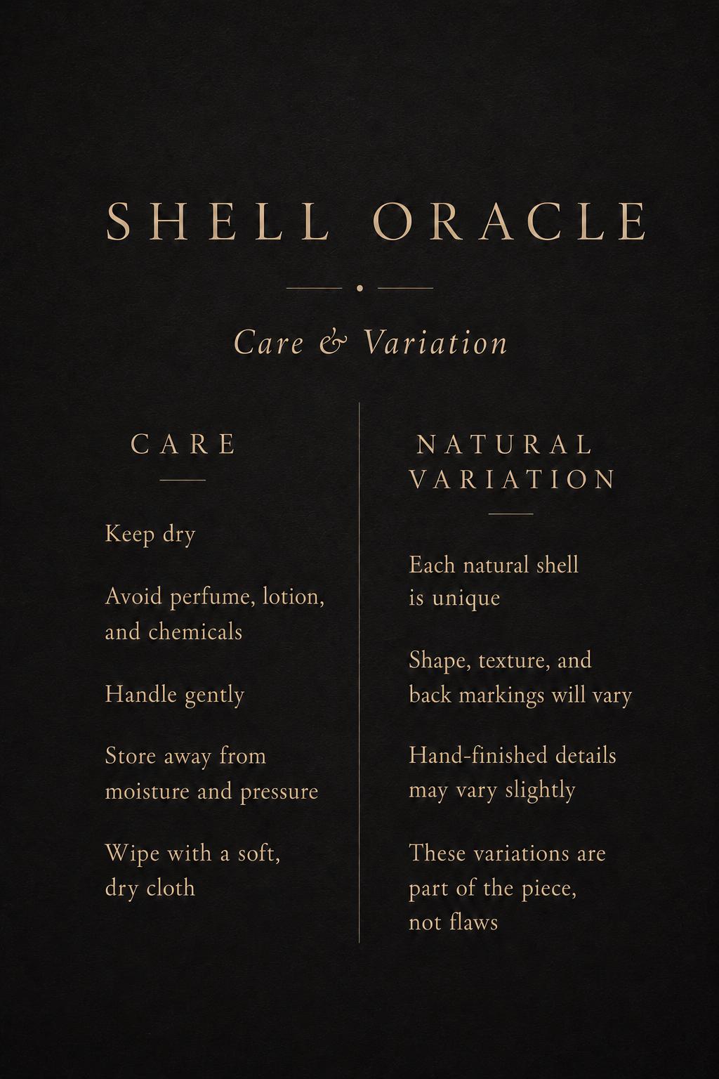 Shell Oracle care and natural-variation guide card.