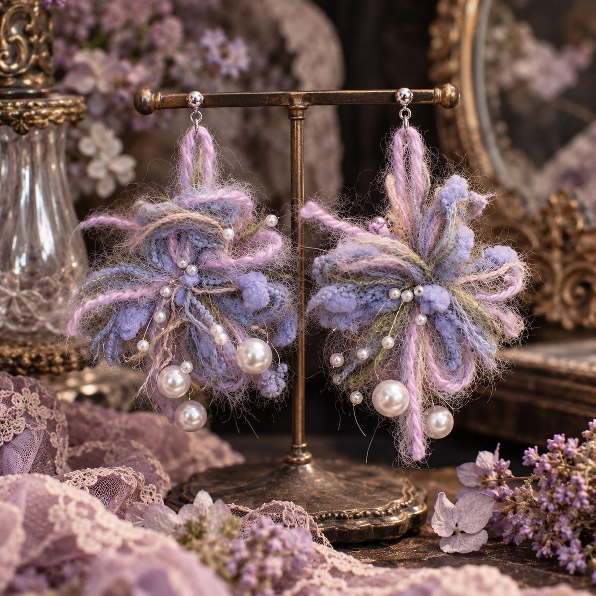 Lavender looped-yarn earrings with white pearl-like drops hanging from a display stand.