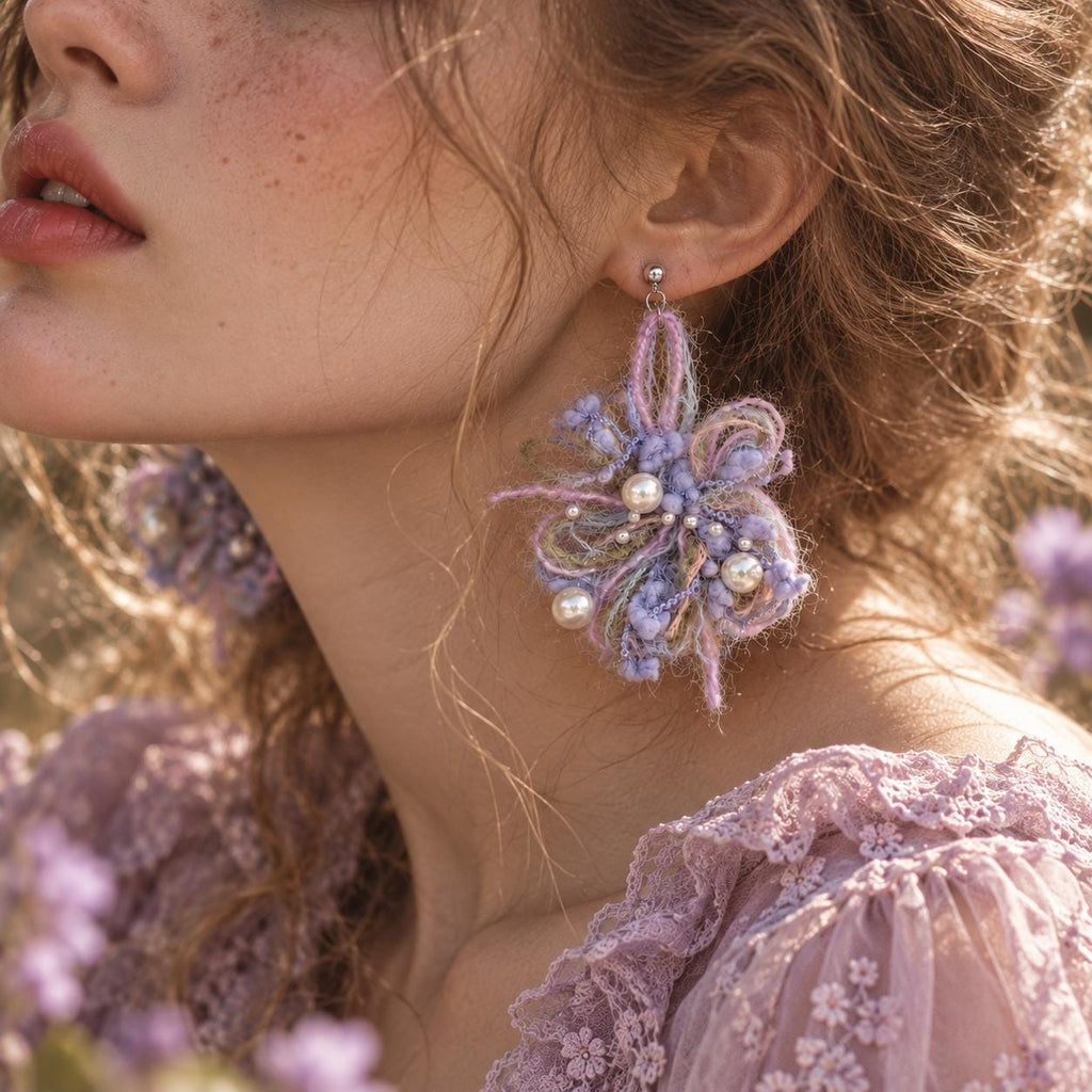 Handmade Lavender Yarn & Faux Pearl Earrings, Boho Fairycore Fiber Art