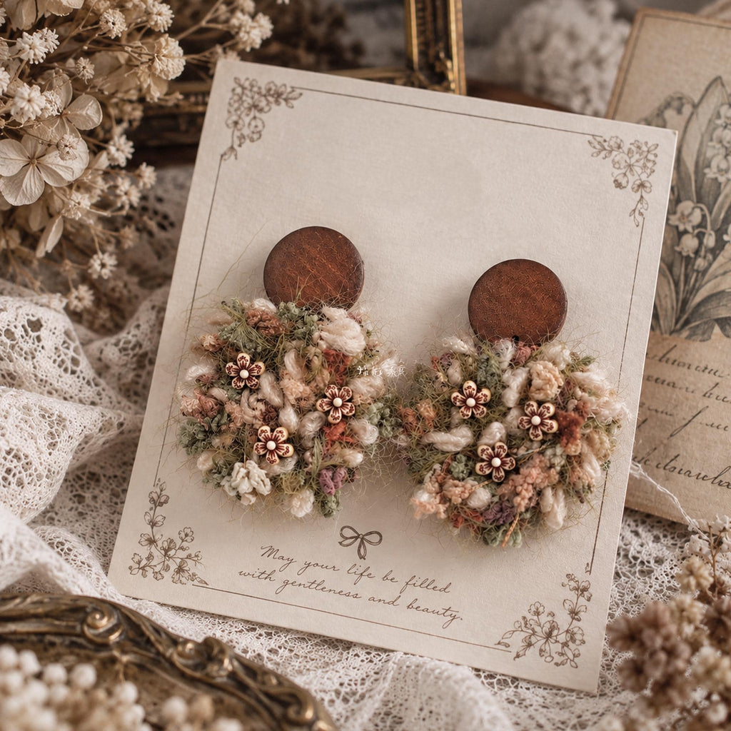 Handmade Yarn Floral Earrings, Cottagecore Boho Fiber Art Jewelry
