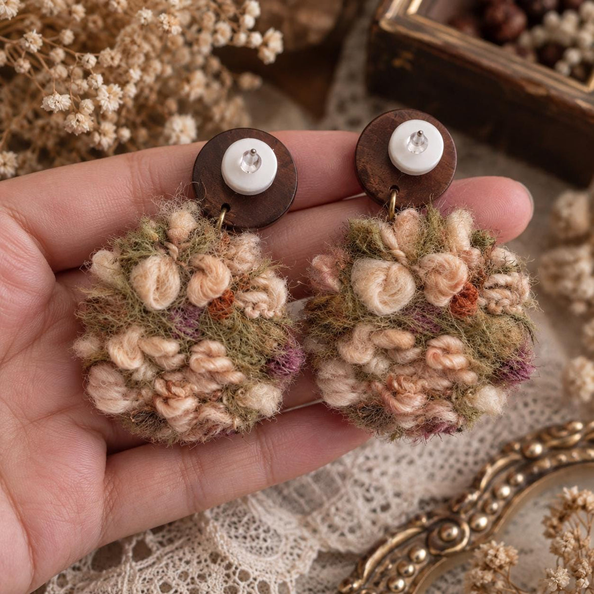 Back of the yarn floral earrings showing the stud fastenings and woven backing, held in a hand.