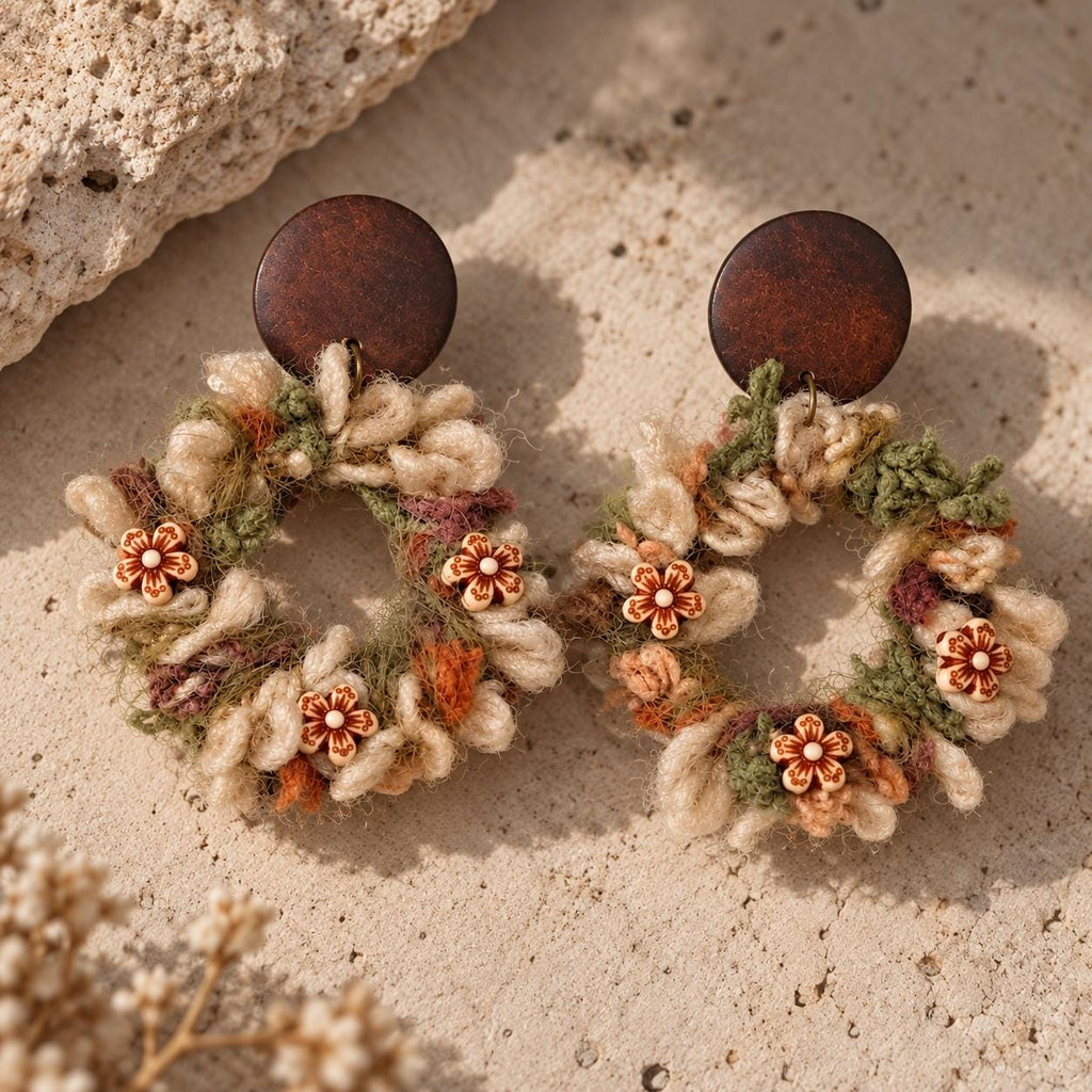 Yarn wreath earrings with brown studs and small cream and orange flowers on pale stone.