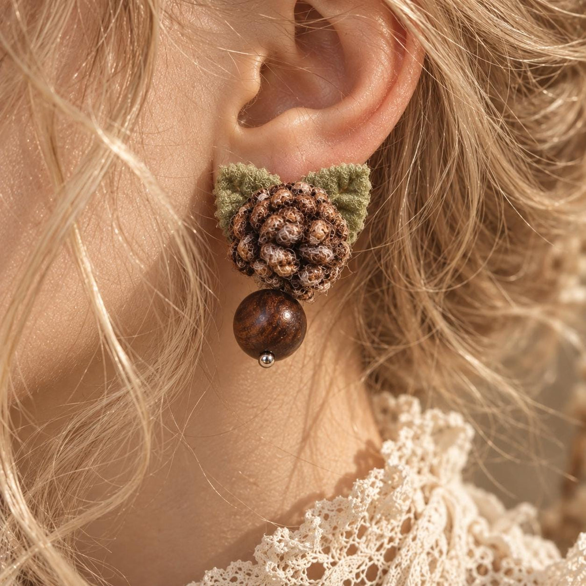 Hazelwood Yarn Flower Earrings, Handmade Textile Jewelry, Cottagecore Woodland Boho Earrings, Fiber Art Wearable Art