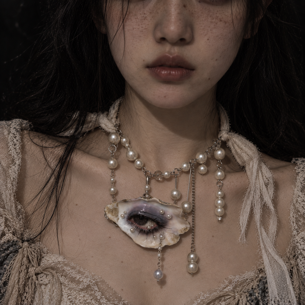 Vespera faux pearl-accented chain necklace worn with ivory styling