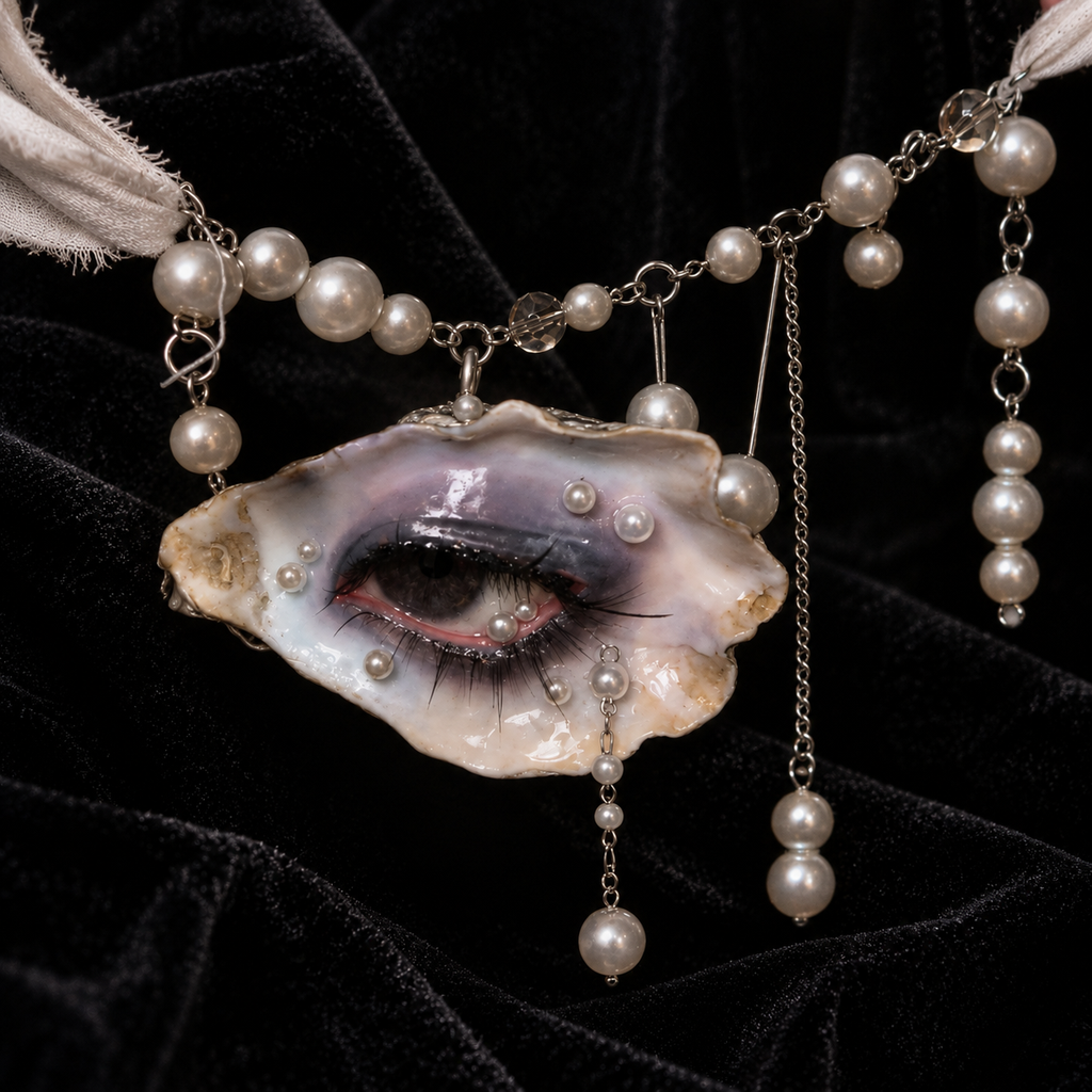 Vespera faux pearl-accented chain necklace on dark fabric