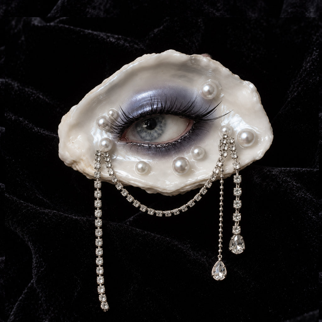 Methyst Haze oyster-eye jewelry with black lashes, pearl-like beads and dangling chains on black fabric.