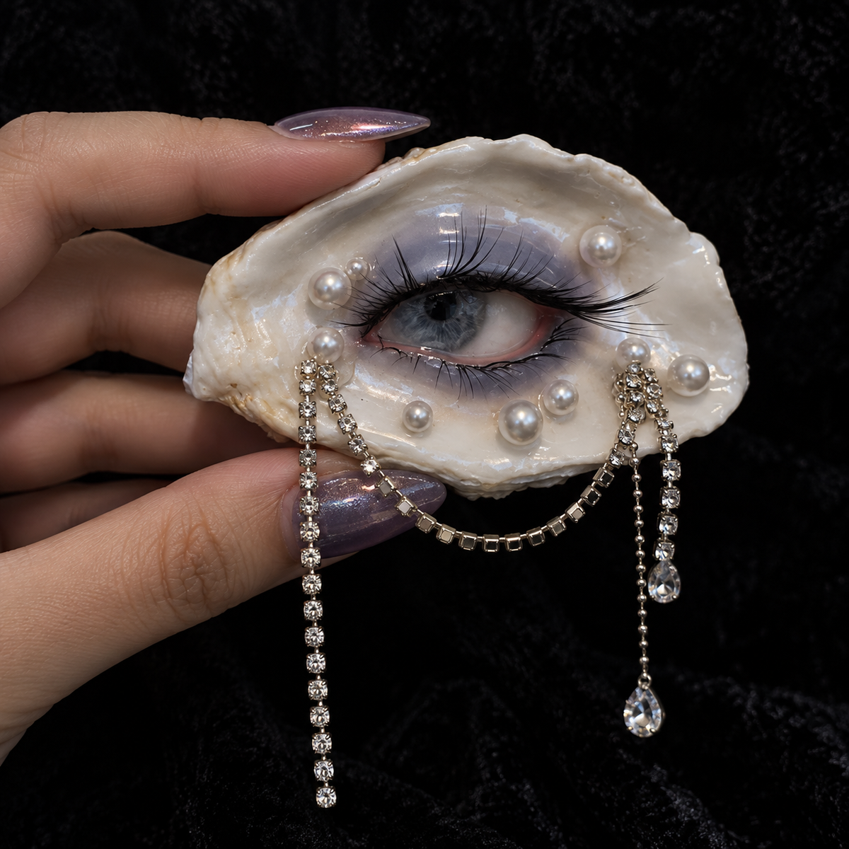 Methyst Haze oyster-eye jewelry held in a hand, showing its pale-blue iris and smoky makeup.