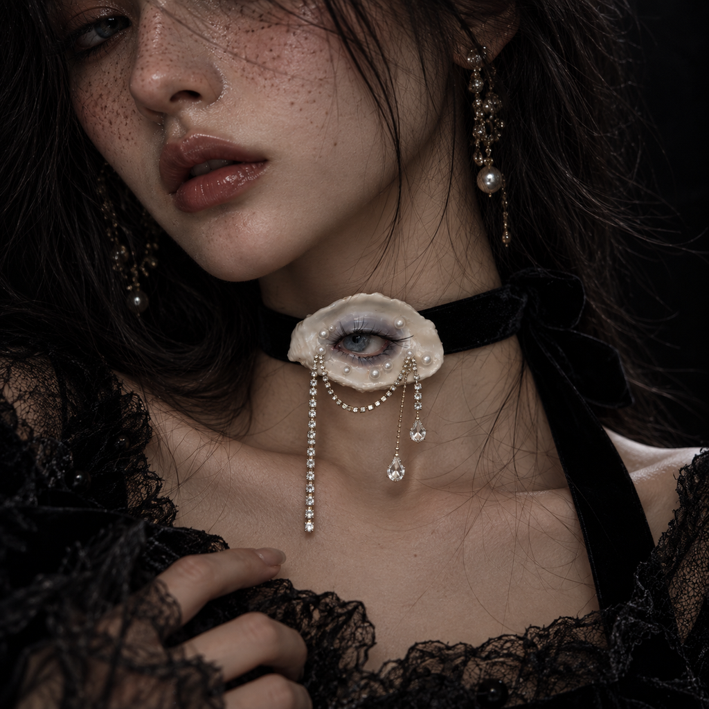 Methyst Haze oyster-eye jewelry worn as a black-ribbon choker.