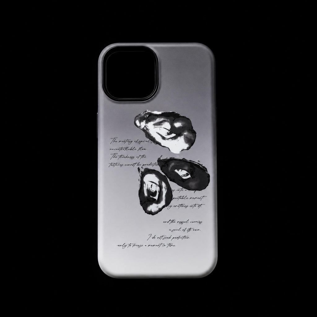 Light-colored Surreal Eye phone case with black illustrated shells and handwritten-style text.