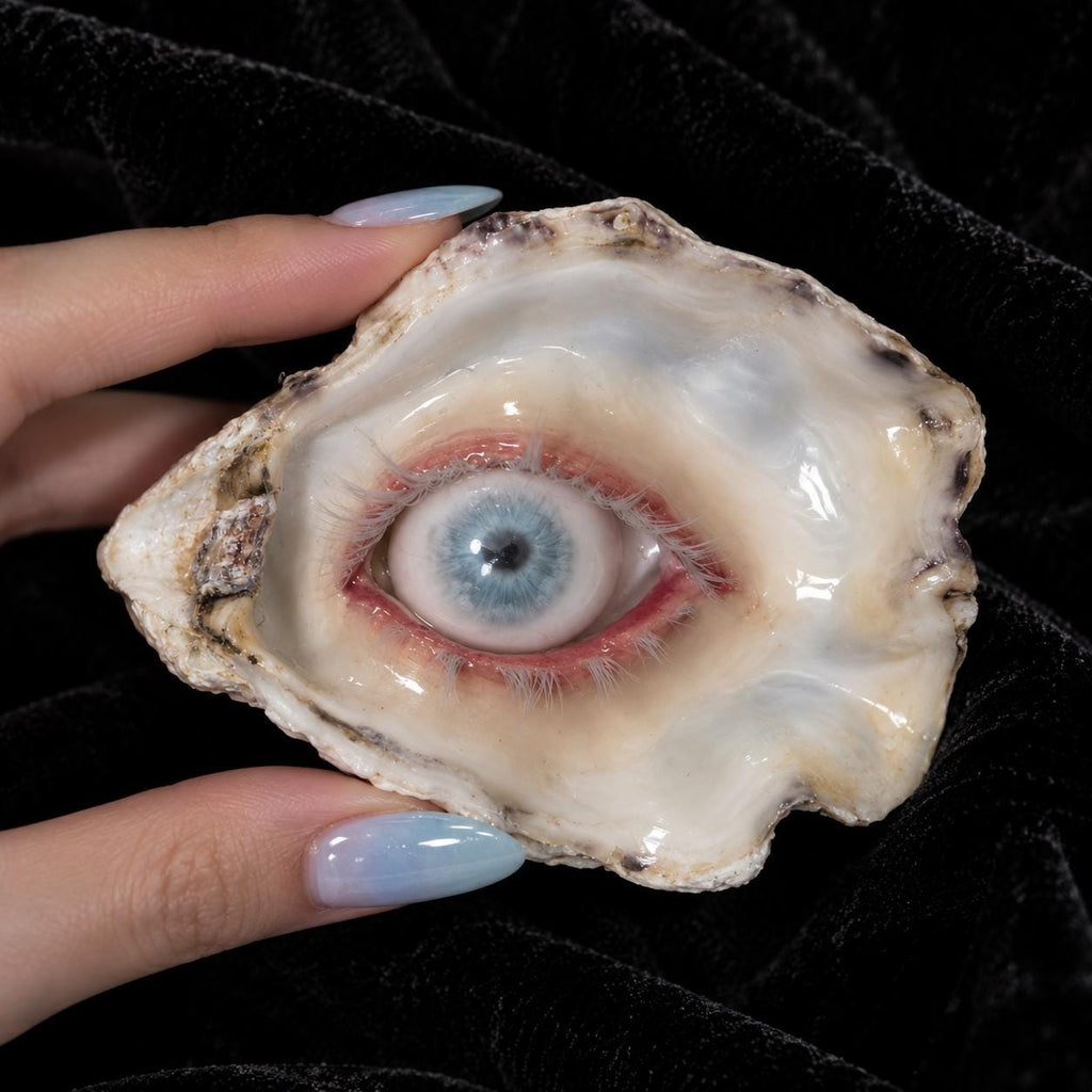 Close-up of Wander Eye held between fingers, showing the blue iris and pale shell.