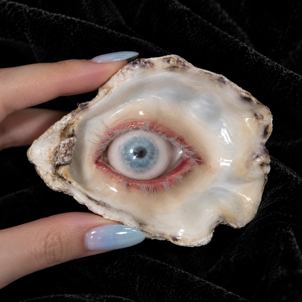 Close-up of Wander Eye held between fingers, showing the blue iris and pale shell.