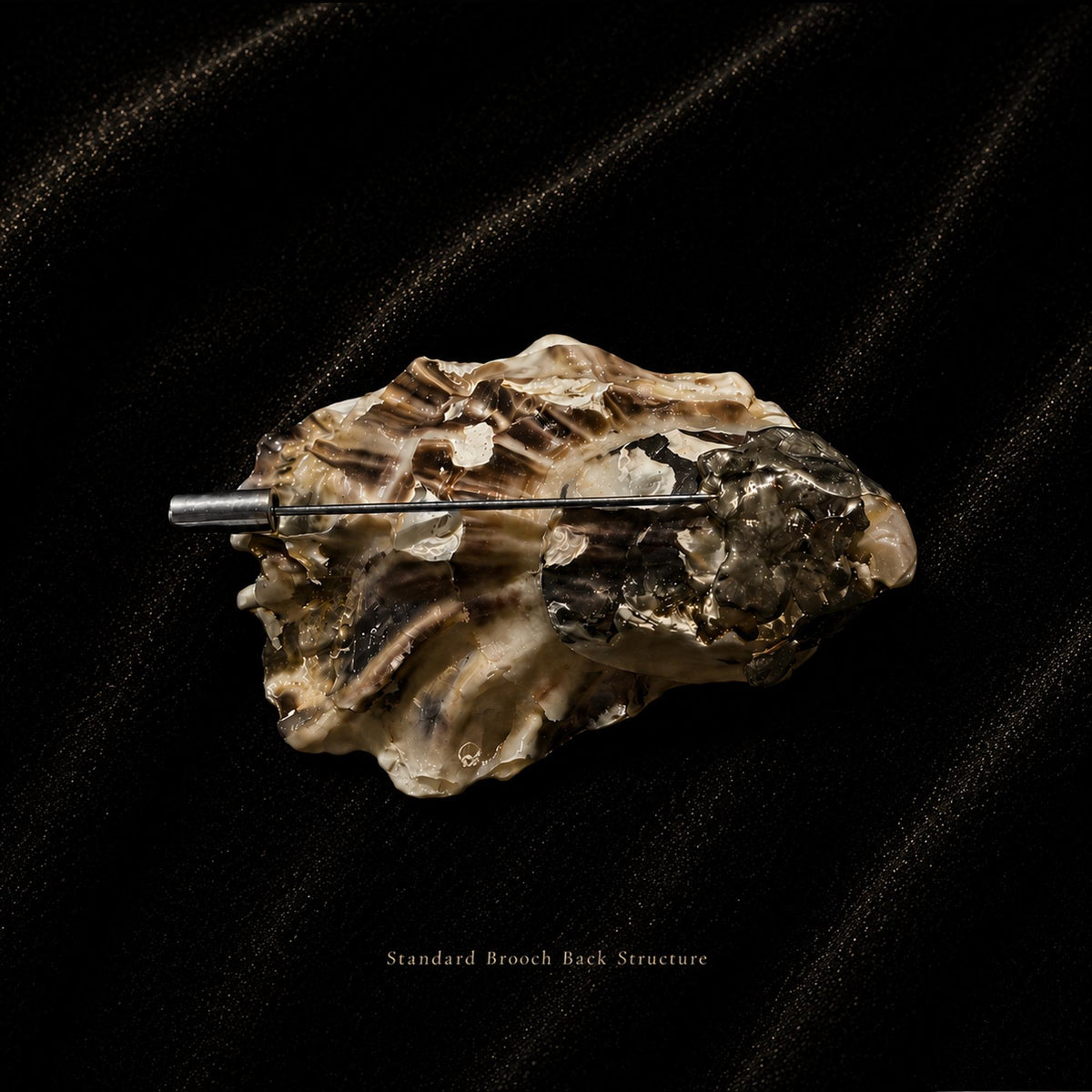 Standard brooch-pin attachment on a natural shell back; reference image, actual shell varies.