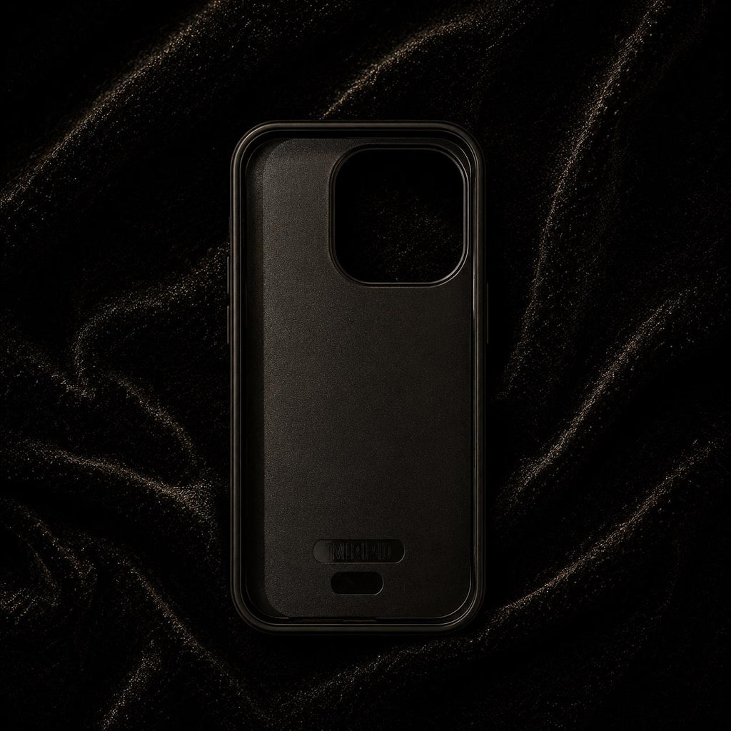 Inside of the Shell Oracle phone case showing the black lining and camera opening.