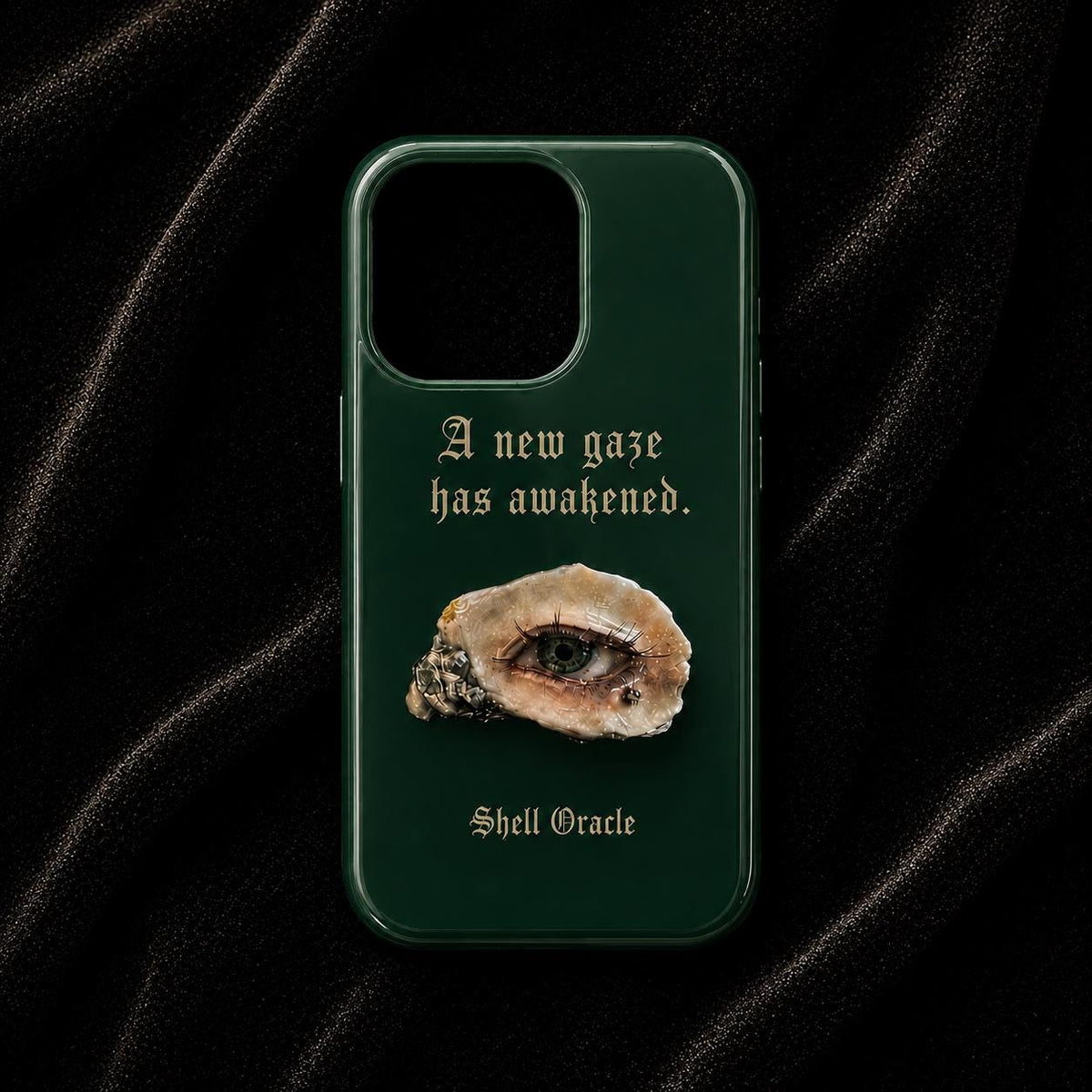 Green Shell Oracle phone case with a shell-eye print and pale Gothic lettering.
