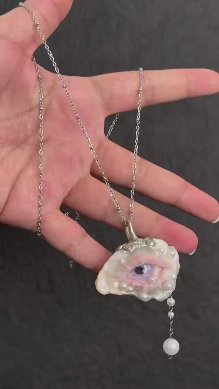 LILAC VEIL Oyster Shell Eye Necklace, Pearl Gothic Bridal Jewelry with Delicate Lashes, Made to Order Wearable Art