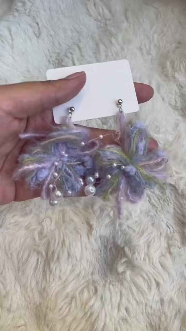 Handmade Lavender Yarn & Faux Pearl Earrings, Boho Fairycore Fiber Art