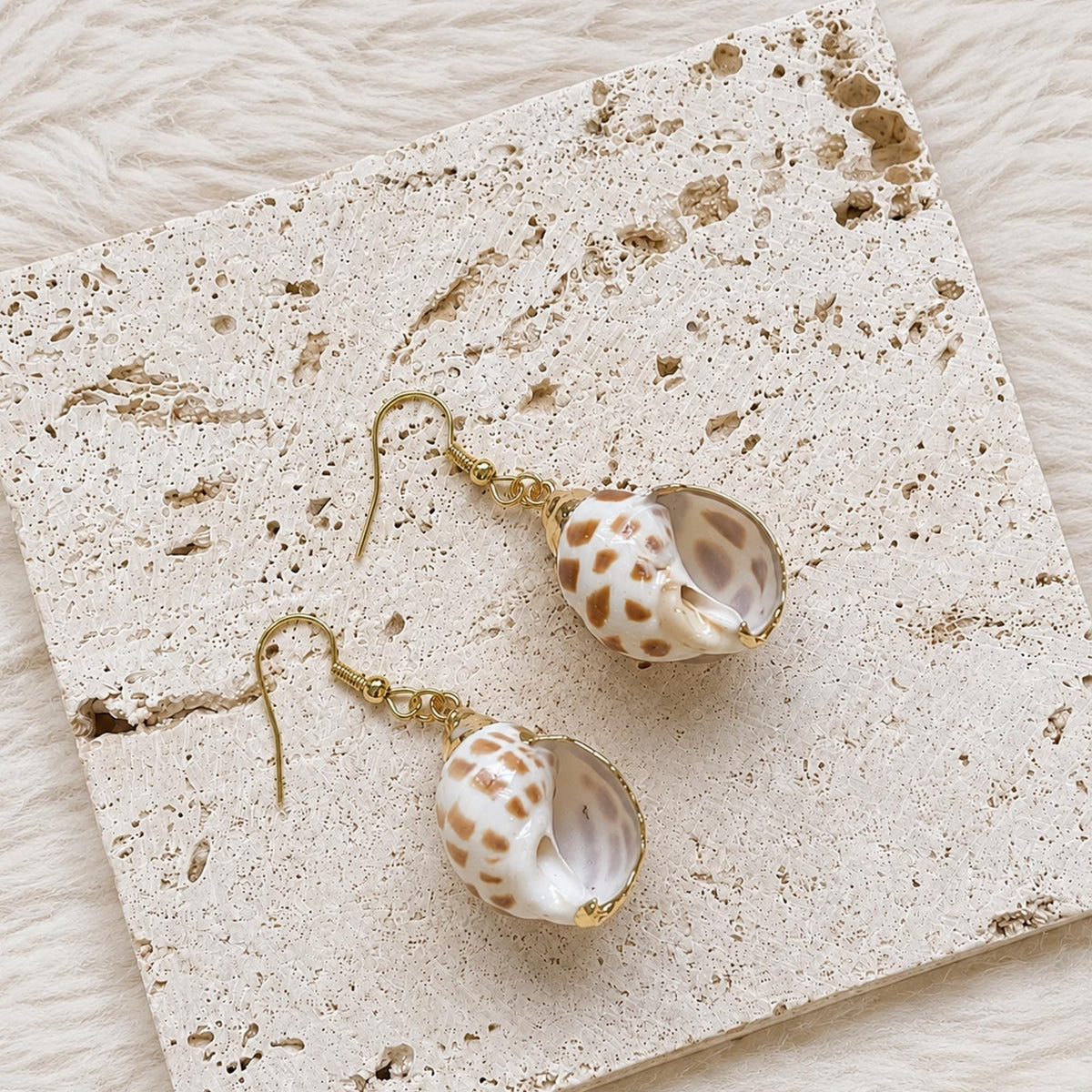 Angled view of spotted cowrie-shell earrings with gold-tone fittings.