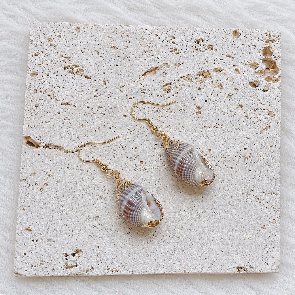 Pair of rounded striped conch-shell earrings with gold-tone caps and hooks.