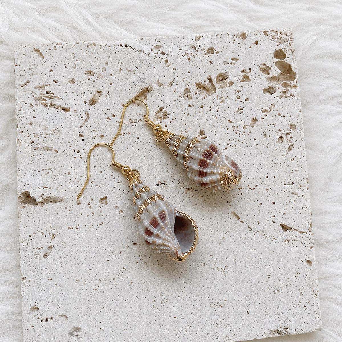 Pair of striped conch-shell earrings with pale beads above the shell drops.