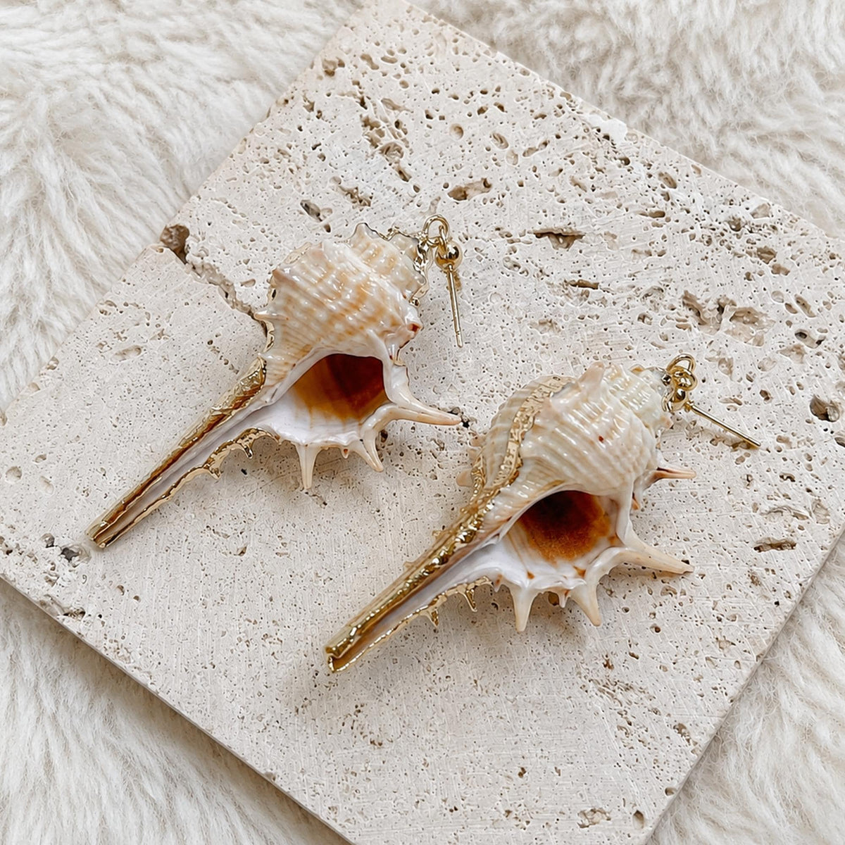 Reverse view of pointed conch-shell earrings showing the open shell interiors.