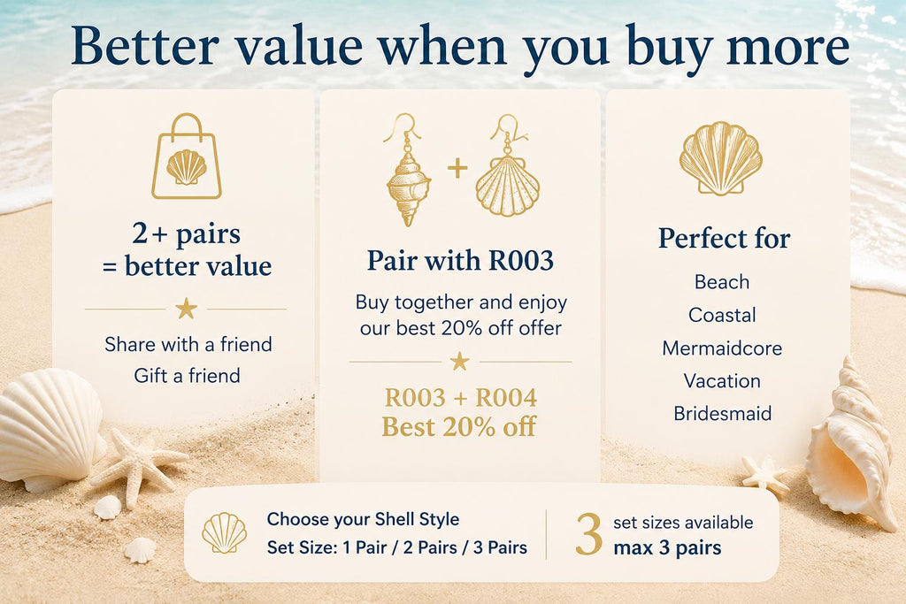Comparison card showing shell-earring styles and matching-set options.