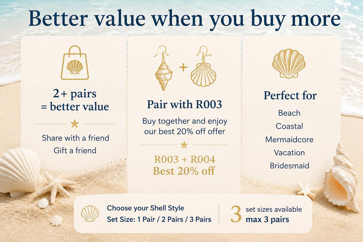 Comparison card showing shell-earring styles and matching-set options.
