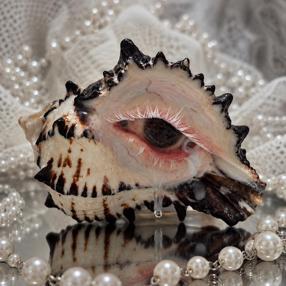 Front of the Mourning Tide pink-eye spiked shell candle holder reflected in a mirror.