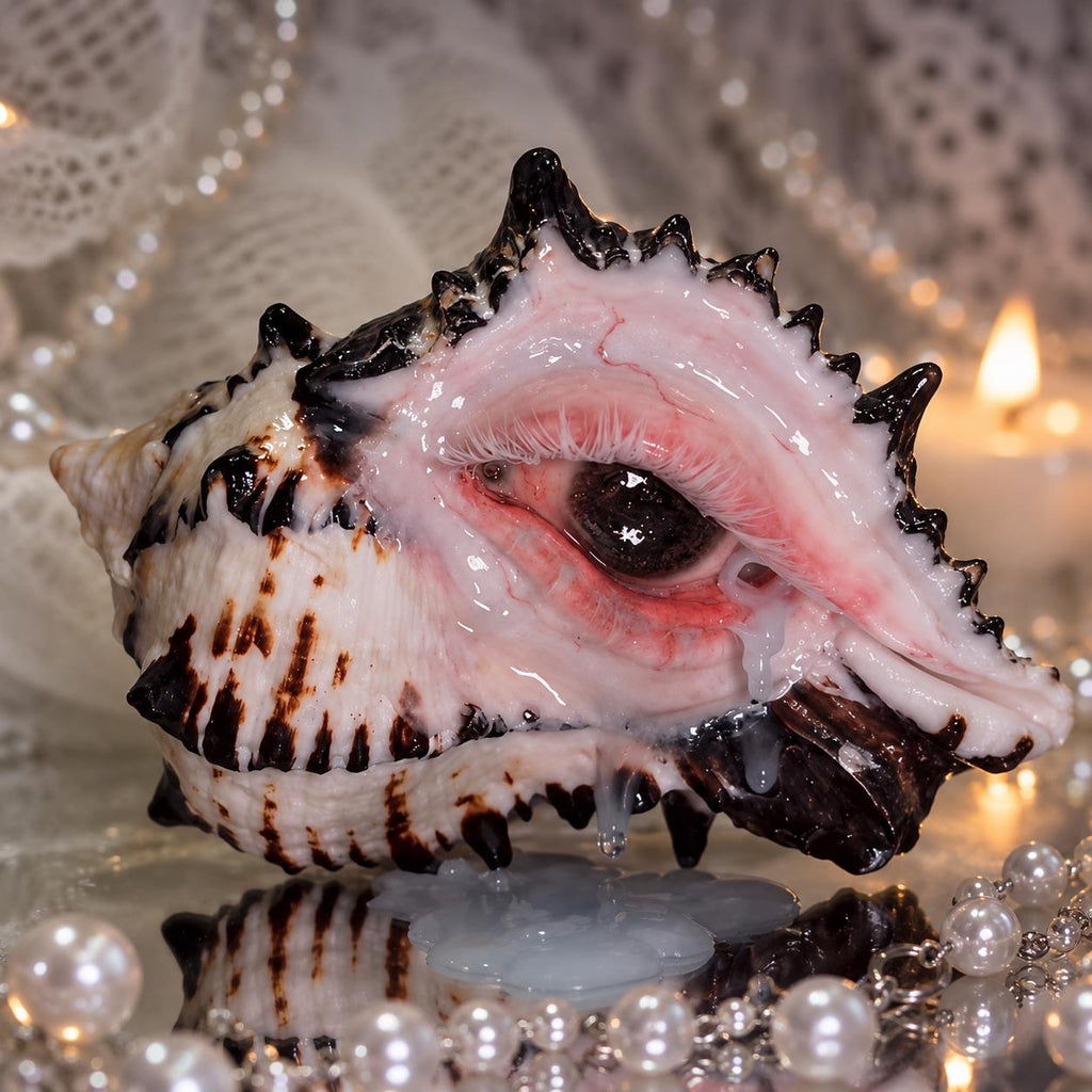 Close view of the Mourning Tide pink eye and spiked shell beside candlelight.