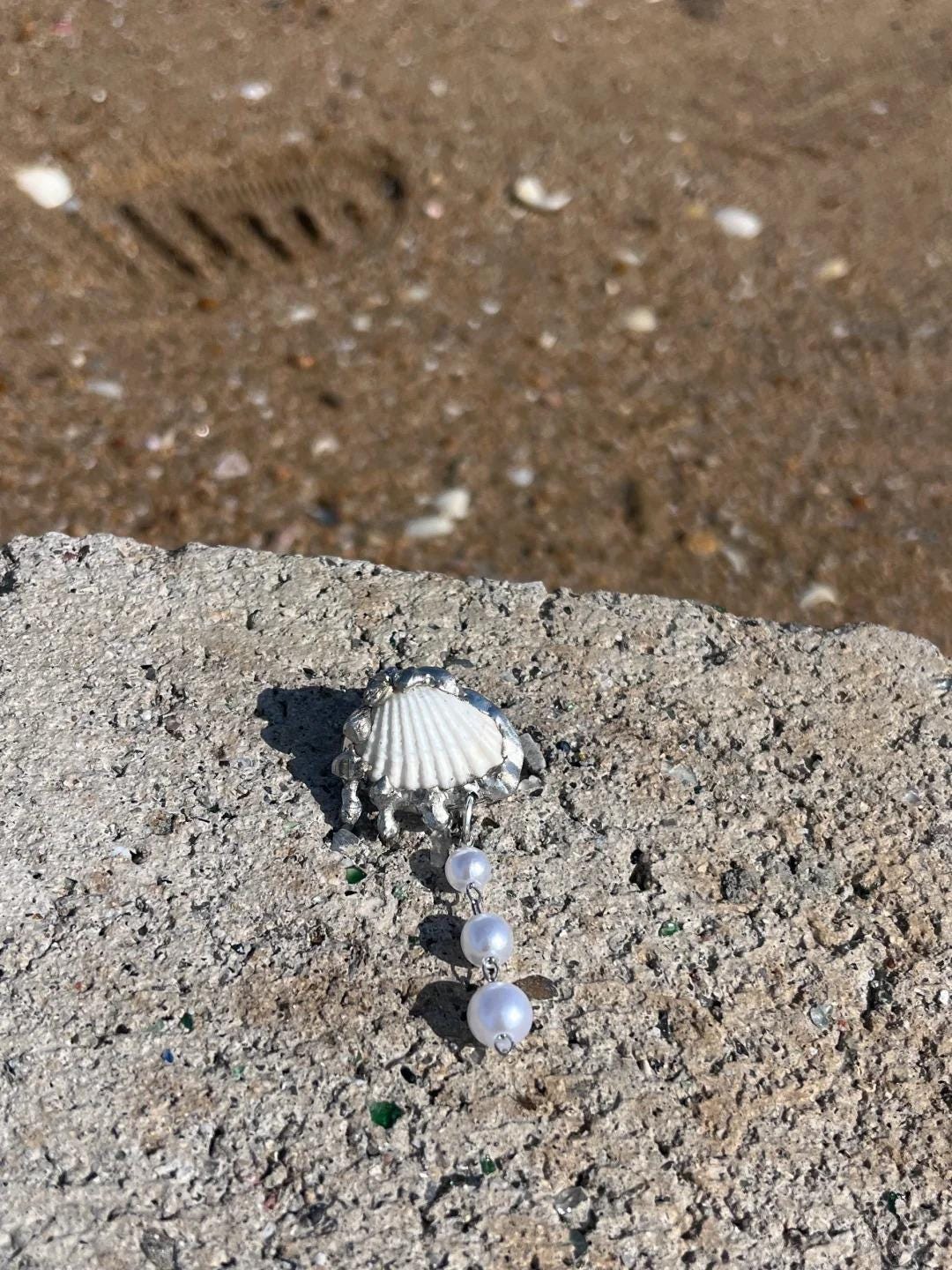 Shell Pearl Drop resting on a rock near the sand.