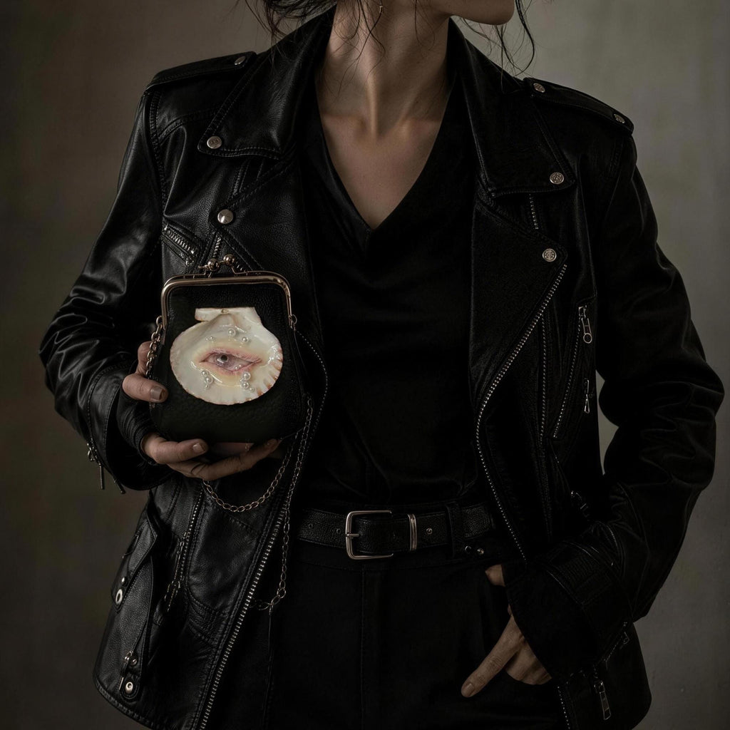 Oyster Eye Mini Crossbody Bag worn with a black leather jacket.