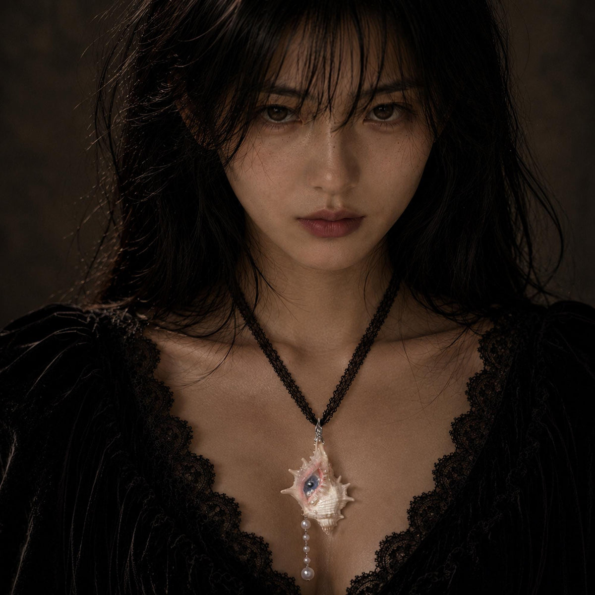 Conch Eye Talisman worn as a pendant against a black lace top.